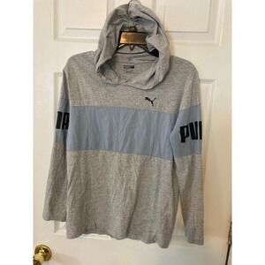 Puma Boys XL 18-20 Hooded Long Sleeve Shirt Gray Blue Colorblock Logo Tee